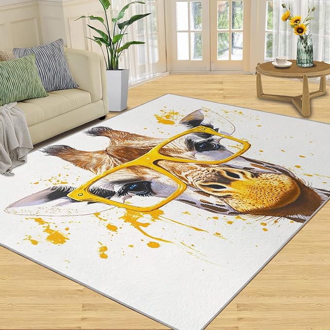 Giraffe 4x5 Area Rugs for Living Room, Funny Animals Washable Non Slip Rugs, Pop Art Low Pile Print Rug for Bedroom, Dining Room, Home Office