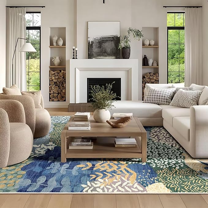 DEXDE Large Area Rugs 9x12 Living Room, Floral Washable Rug Boho Print Vintage Low Pile Non Slip Carpet for Bedroom Kids Room Nursery Office Dinning Room,Blue