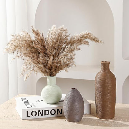 Ceramic Vases Set of 3 Home Decor Modern Rustic Farmhouse Pottery Decorative Flower Vases for Pampas Grass Dried Fresh Flowers, Living Room, Table Centerpiece, Shelf, Mantel (Multicolor Brown)