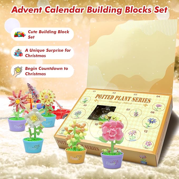 12 Days Advent Calendar 2025 Kids, 12 Packs Flower Building Blocks Set, Advent Calendar 2025 Boys for 6+ Years Old, Christmas Gifts for Girls and Boys, Party Favors (Flower Pot)