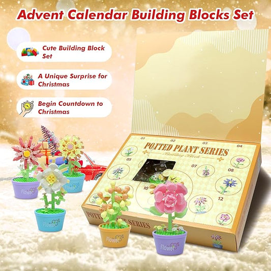 12 Days Advent Calendar 2025 Kids, 12 Packs Flower Building Blocks Set, Advent Calendar 2025 Boys for 6+ Years Old, Christmas Gifts for Girls and Boys, Party Favors (Flower Pot)