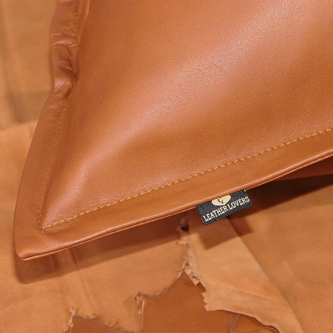 LL LEATHER LOVERS Lambskin Leather Pillow Cover - Sofa Cushion Case - Decorative Throw Covers for Living Room & Bedroom, 22x22 Inches - Camel Antique Box Pack of 2