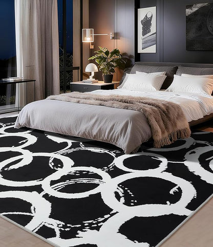 YIHOUSE Black Modern Geometric Area Rug 5x7, Black and White Rug with Abstract Circles,Non-Shedding Washable Rugs for Bedroom, Home Office and Small Living Room