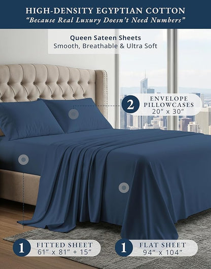 100% Egyptian Cotton Bed Sheets - 4 Piece Autthentic Cotton Queen Sheet Set, Breathable Winter Comfort, No Pilling, Ultra-Soft Hotel Luxury Comfort with 15" Deep Pocket Queen Sheets - Estate Blue