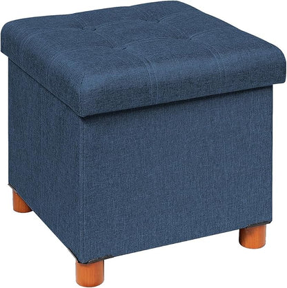PINPLUS Storage Ottoman Cube, White Linen Footrest with Wooden Legs, Foldable Fabric Footrest, Comfortable Seat with Lid, Ottoman with Storage for Living Room, 15" x 15" x 15"，Blue