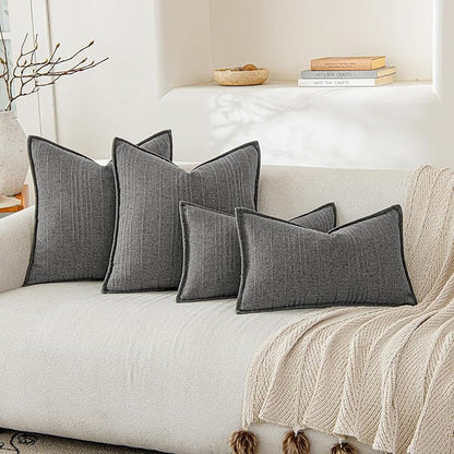 a moment Linen Pillow Covers Set of 2,Boho Farmhouse Throw Pillowcases Neutral Textured Decorative Covers for Couch Sofa,Soft Linen Blend Accent Case Cushion Living Room Home Decor 22"x22"Rustic Gray