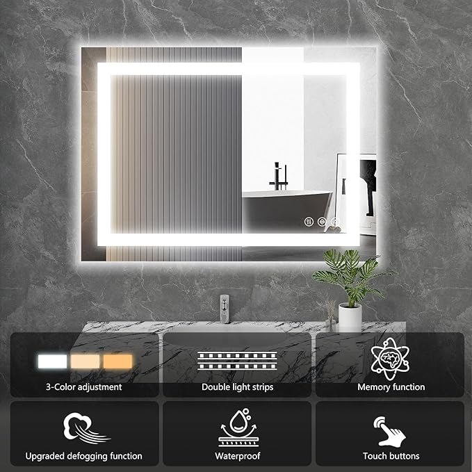 Sweetcrispy 28"x 20" Rectangle LED Bathroom Mirror with Front Light and Backlit, Smart Memory Functionr - Enhanced Anti-Fog Feature, Pure White