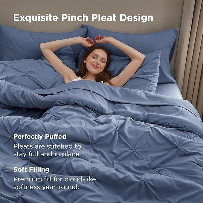 Bedsure Queen Comforter Set Slate Blue - Bed in a Bag Queen Size Bedding 7 Pieces, GentleSoft™ Pintuck Bed Set Gift for Family, Pinch Pleat All Season Comforter with Sheets, Pillowcases & Shams