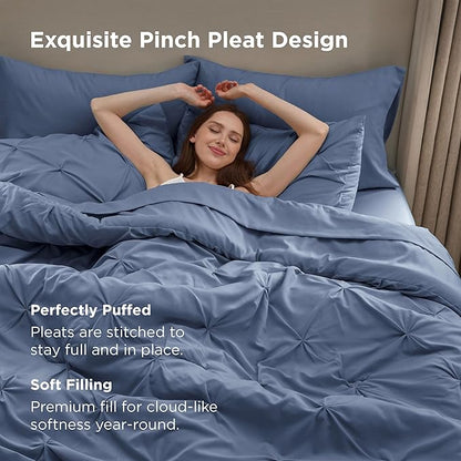 Bedsure Queen Comforter Set Slate Blue - Bed in a Bag Queen Size Bedding 7 Pieces, GentleSoft™ Pintuck Bed Set Gift for Family, Pinch Pleat All Season Comforter with Sheets, Pillowcases & Shams