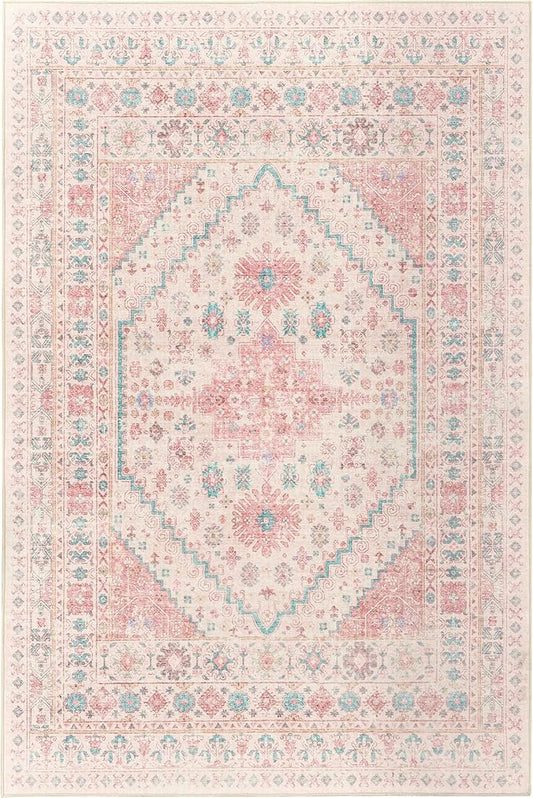 zesthome 9x12 Area Rugs for Girls Bedroom, Low Pile Machine Washable Rugs, Vintage Large Pink Rugs, Stain Resistant Nursery Room Rug, Baby Crawling Rug (Pink/Blue,9'x12')