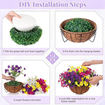 Artificial Fake Hanging Flowers with Basket for Outdoors, Faux Petunias Flowers Fake Hanging Plants with Eucalyptus Realistic UV Resistant for Outside Patio Garden Porch Balcony Yard Decor(4 Colors)