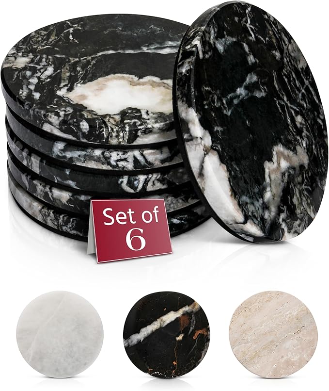 Gusto Nostro Black Marble Coasters Set of 6 with Non-Slip Backing - Luxury Natural Stone Coasters for Drinks - Genuine Marble Kitchen Accessories, Round Stone Coaster for Kitchen Counter, Coffee Table