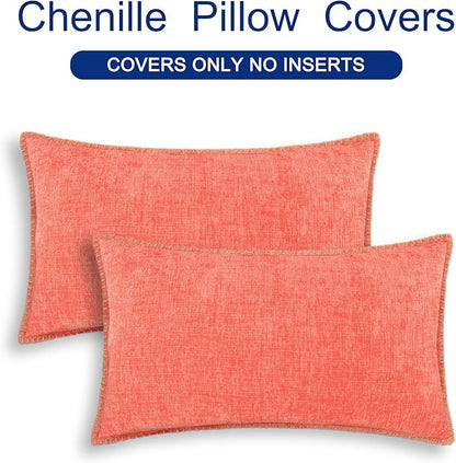 CaliTime Throw Pillow Covers Decorative 12 X 20 Inches Pack of 2 Cotton Thread Stitching Edges Solid Dyed Soft Chenille Cushion Cases for Couch Sofa Bed Living Room Farmhouse Living Coral