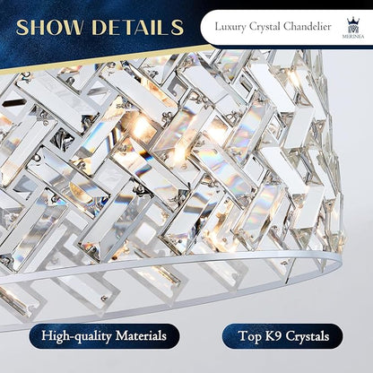 Chrome Crystal Chandelier, 18" Modern Drum Ceiling Light Fixture, 6-Light Semi Flush Mount Pendant with K9 Crystals, Round Hanging Lighting for Dining Room, Living Room, Bedroom, Kitchen, Hallway