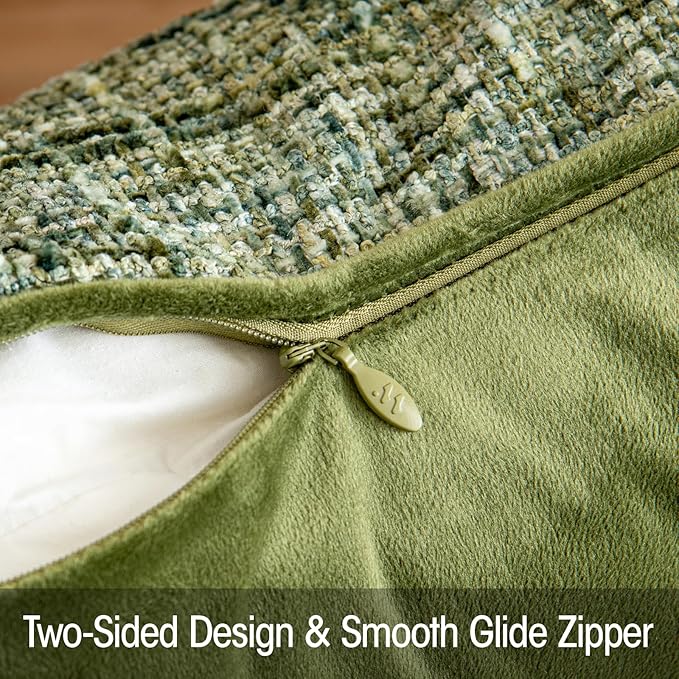 A Moment Christmas Dark Green Reversible Pillow Covers 2 Pack - Farmhouse Chenille Throw Pillows, Neutral Textured Decorative Throw Pillow Covers with Border for Couch Sofa Bed (12x20 Inch, No Insert)