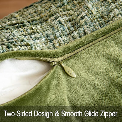A Moment Christmas Dark Green Reversible Pillow Covers 2 Pack - Farmhouse Chenille Throw Pillows, Neutral Textured Decorative Throw Pillow Covers with Border for Couch Sofa Bed (12x20 Inch, No Insert)