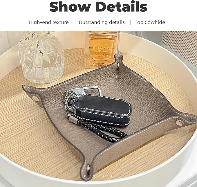 Genuine Cowhide Leather Desktop Storage Organizer - Bedside Vanity Tray, Catchall Nightstand Caddy for Phone, Wallet, Coin, Jewelry (Etoupe Grey)