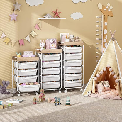 Rolling Storage Utility Cart With 5 Drawers,Craft Cart with Wheels,Makeup Organizer,Art Supply And Storage Wooden Tabletop,White