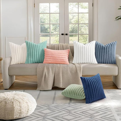 decorUhome Faux Fur Spring Throw Pillow Covers 12x20 Set of 2, Decorative Soft Plush Striped Lumbar Neutral Couch Pillow Covers with Velvet Back for Sofa, Bed, Living Room Home, Aqua