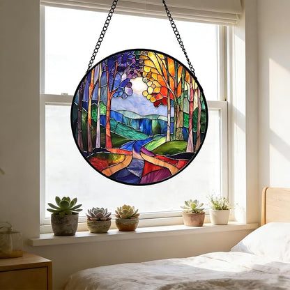 DASTOLL Stained Glass Window Hanging, Colorful Forest Landscape Tree Suncatcher for Doors Window Home Abstract Sun Catchers Decoration Mother's Day Birthday Gifts for Women, Men, and Mom 6.3 in