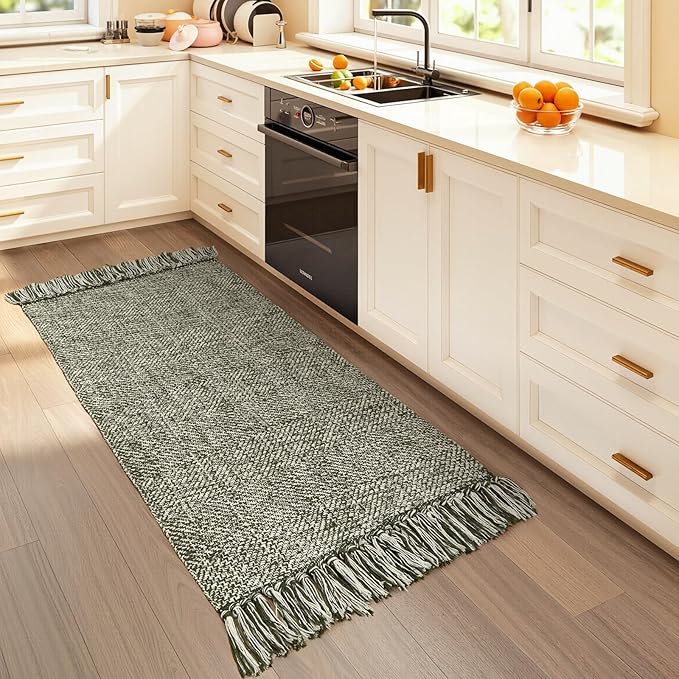 Collive Washable Kitchen Runner Rug, Modern Farmhouse Hand Woven Entryway Rugs Non Slip, Cotton Reversible Bathroom Carpet for Bedroom Hallway Foyer Back Door Decor, 2 x 4.3 ft Olive Green/Cream