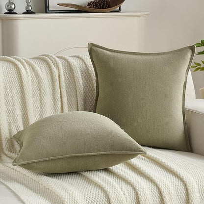FUTEI Olive Green Chenille Throw Pillow Covers 20x20 Inch Set of 2,Edges Double-Stitched Cushion Cases,Modern Home Decor for Couch Living Room