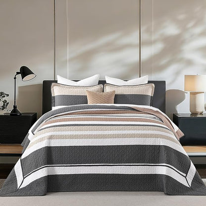 SahSahCasa 120"x102" 100% Cotton Oversized Queen Bedspread Coverlet Striped Quilt Set, Quilted Bedspread Extra Large Quilt, XL Bed Spread Lightweight Comforter, 3pc, Charcoal/Brown/Beige