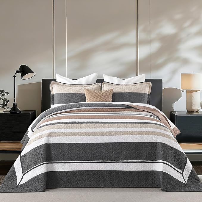 SahSahCasa 128"x120" 100% Cotton Oversized California King Bedspread Striped Quilt Set, Cal King Quilted Bedspread Extra Large Coverlet, XL Bed Spread Lightweight Comforter, Charcoal/Brown/Beige
