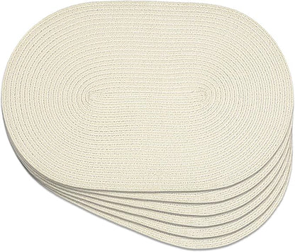 Noctiflorous Oval Braided Placemats Set of 6 Woven 12x18 Inch Non Slip Washable Heat Resistant Place Mats Round Tablemats for Dining Kitchen Party Daily Table Decor Dinner Mats (Solid Beige White, 6)
