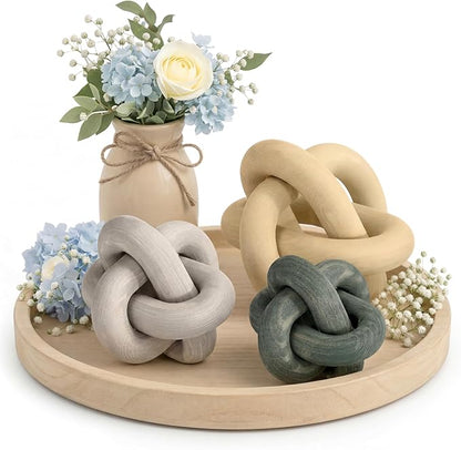 3 Pack Wooden Knot Decorations 3 Color Set Coordinated Boho Nautical Home Decor for Shelf, Wall, Tabletop, Sizes 3.94", 4.72", 5.91"(Multi Light Color)