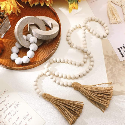 2 Pieces Decorative Wood Knot Link Chain Decor and Bead Garland Set Farmhouse Aesthetic Natural Wooden Knot Chain Link Wood Bead for Boho Country Home Table Decor(Classic Colors)