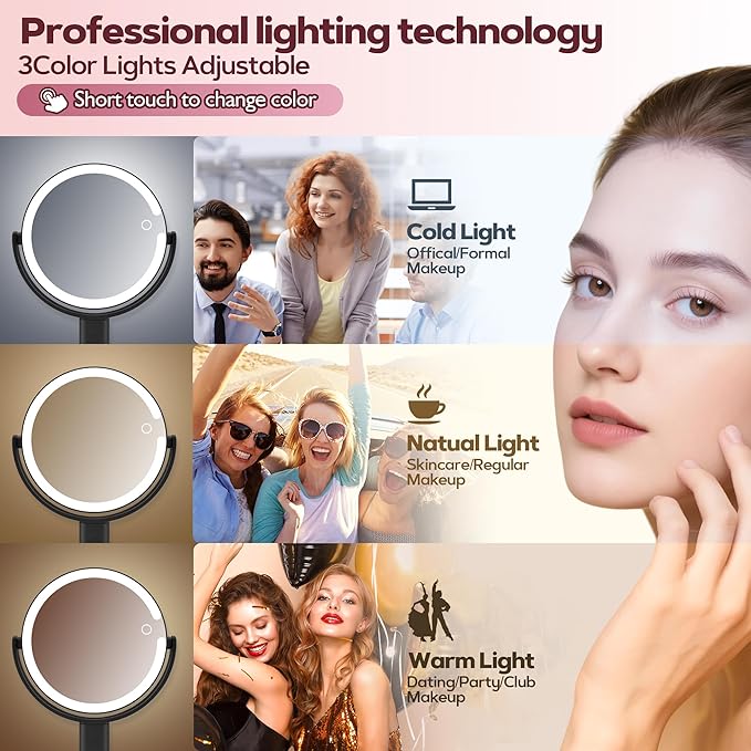 Makeup Mirror with Lights, 30X Magnifying & Height Adjustable, Lighted Magnifying Mirror with 3 Light Modes and Stepless Dimming, Vanity Mirrors for Bathroom, Birthday Gift for Women, Black