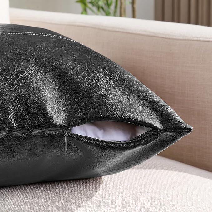 Fancy Homi 2 Packs Black Long Lumbar Faux Leather Decorative Throw Pillow Covers 12x24 Inch for Living Room Couch Bed Sofa, Boho Farmhouse Home Decor, Hand Stitched Rectangle Cushion Case 30x60 cm
