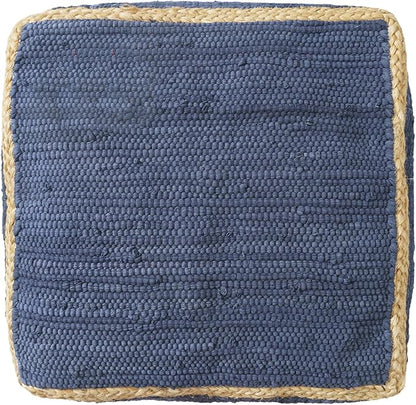 LR Home Indigo Bordered Transitional Hand-Loomed Cotton Pouf with Jute Braid for Home Decor | Farmhouse Cube Foot Rest for Bedroom & Living Room Decor | 18 x 18 x 18 Stuffed Ottoman for Seating