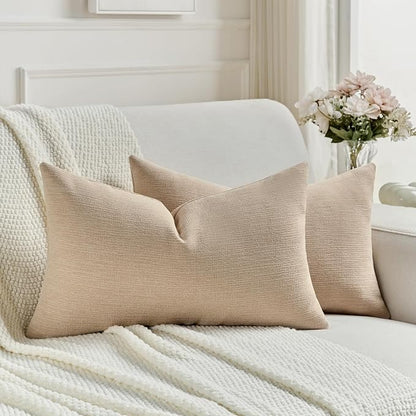 FUTEI Dusky Pink Chenille Decorative Throw Pillow Covers 12x20 Inch Set of 2,Soft Cozy Faux Linen Textured Lumbar Pillow Cases,Farmhouse Home Decor for Couch Living Room
