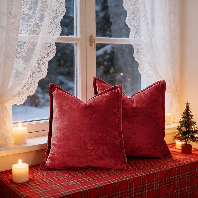 Velvet Pillow Covers 2 Pack Soft 26x26 Pillow Covers Solid Square Euro Shams Decorative Couch Pillow Cases with Wide Border for Sofa Bed Home Decor,Christmas Red