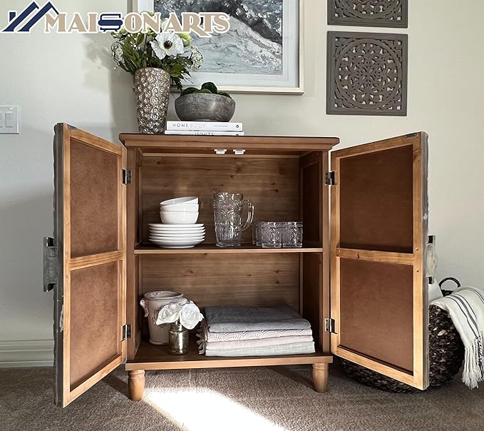 MAISON ARTS Accent Cabinet with 2 Doors and 1 Shelf, Silver Embossed Storage Cabinet with Solid Wood Frame, Holds Up to 245lbs, Elegant Furniture for Living Room or Entryway