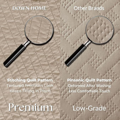 DOWN HOME Twin Quilt Bedding Set with Sham, Vintage Washed Soft Quilted Blanket Thin Comforter Lightweight Bedspread Coverlet Bed Cover, Brushed Microfiber Stripe Stitching, Brown, 66"x92"