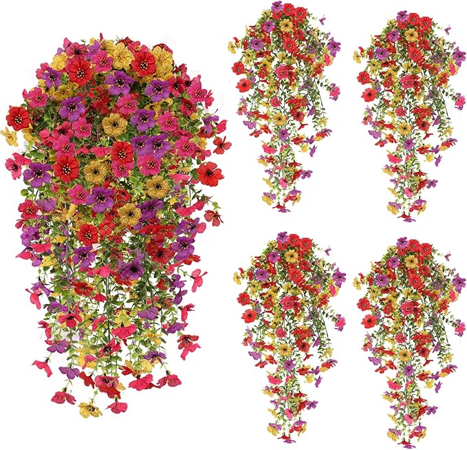 Artificial Fake Hanging Flowers Plants for Outdoor Fall Decoration, 4PCS UV Resistant Look Real Trailing Vines for Outside Home Planter Porch Patio Mums Autumn Decor (Multicolour)