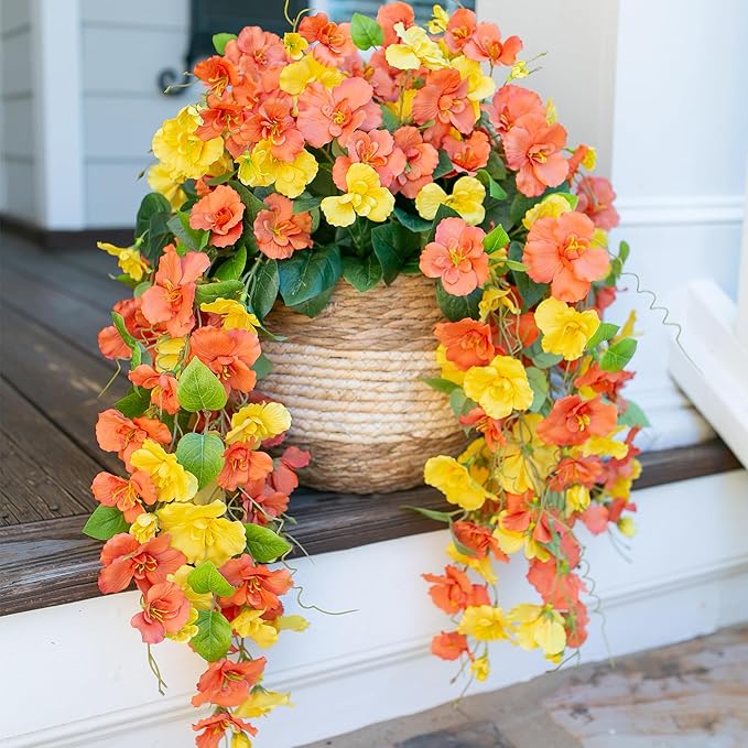 HyeFlora Hibiscus Fall Flowers Artificial Hanging Flowers Plants for Outdoors Autumn Decoration, 2pcs Silk Hibiscus Vines Realistic UV Resistant Faux Flowers for Outside Planters Yard Garden Home, Mix