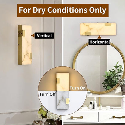 Modern Brass and Alabaster Wall Sconce 14.17in with Spanish Marble and an Elegant Dimmable LED (3000K Warm Light) for Bedroom Living Room Hallway