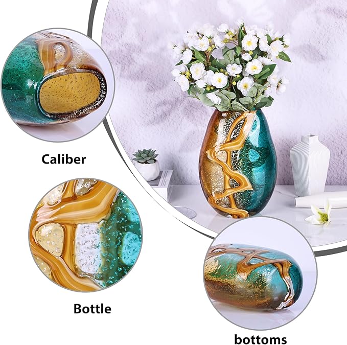 Teal Glass Vase,Hand Blown Green Flower Bulk,Murano Glass Vases,Unique Table Decor, Flowers with Decorative,Teal Vase Decor,for Bookshelf,Living Room,Office,Gift (M)