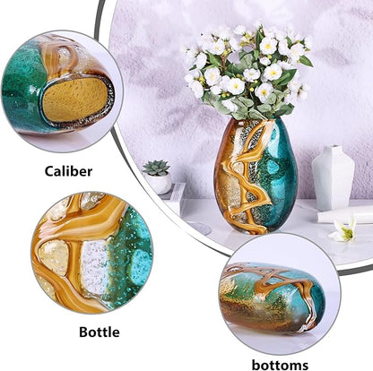 Teal Glass Vase,Hand Blown Green Flower Bulk,Murano Glass Vases,Unique Table Decor, Flowers with Decorative,Teal Vase Decor,for Bookshelf,Living Room,Office,Gift (M)