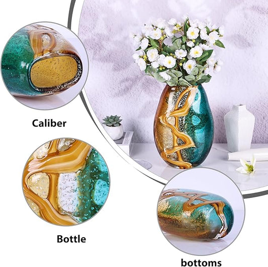 Teal Glass Vase,Hand Blown Green Flower Bulk,Murano Glass Vases,Unique Table Decor, Flowers with Decorative,Teal Vase Decor,for Bookshelf,Living Room,Office,Gift (M)