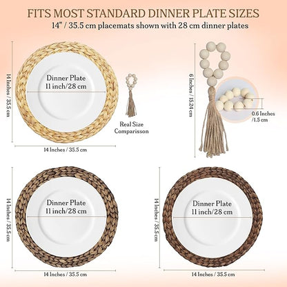 Round Woven Placemats Set of 6 (14 Inch) with Napkin Rings & Canvas Bag – Water Hyacinth Boho Farmhouse Table Mats, Heat Resistant Natural Wicker Chargers for Dining Table Decor by DECHUSE
