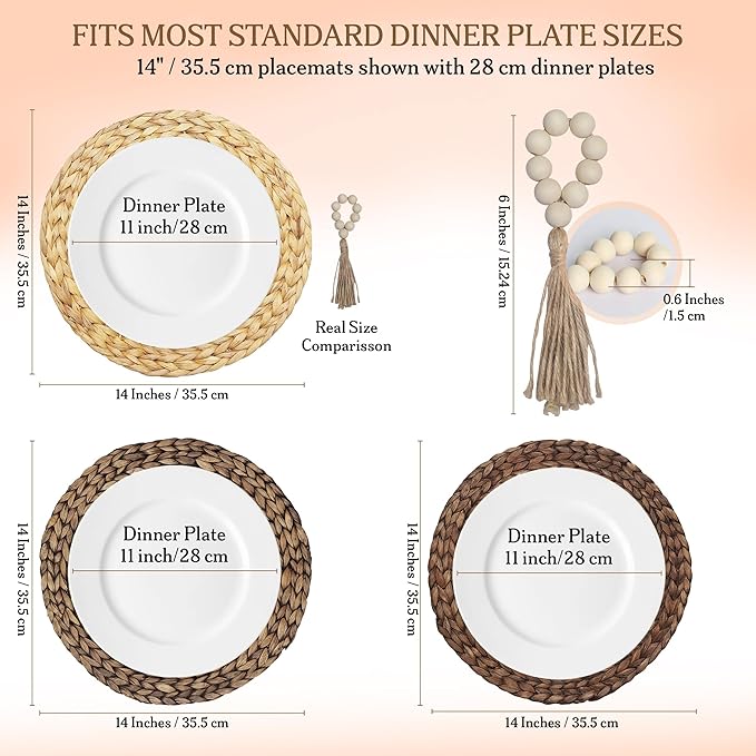Round Woven Placemats Set of 6 (14 Inch) with Canvas Bag – Handwoven Water Hyacinth Table Mats, Boho Farmhouse Dining Decor, Heat Resistant Wicker Chargers by DECHUSE