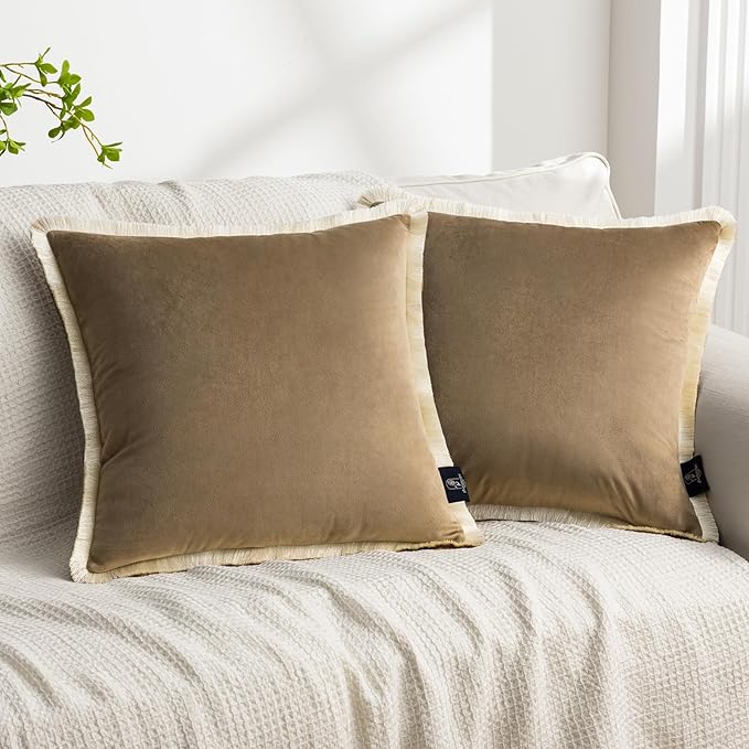 Phantoscope Pack of 2 Velvet Decorative Throw Pillow Covers, Double-Sided Tassel Trimmed Design, Soft Luxury Velvet Pillows Square Cushion Case for Couch Sofa Bed, Taupe, 18 x 18 inches 45 x 45 cm