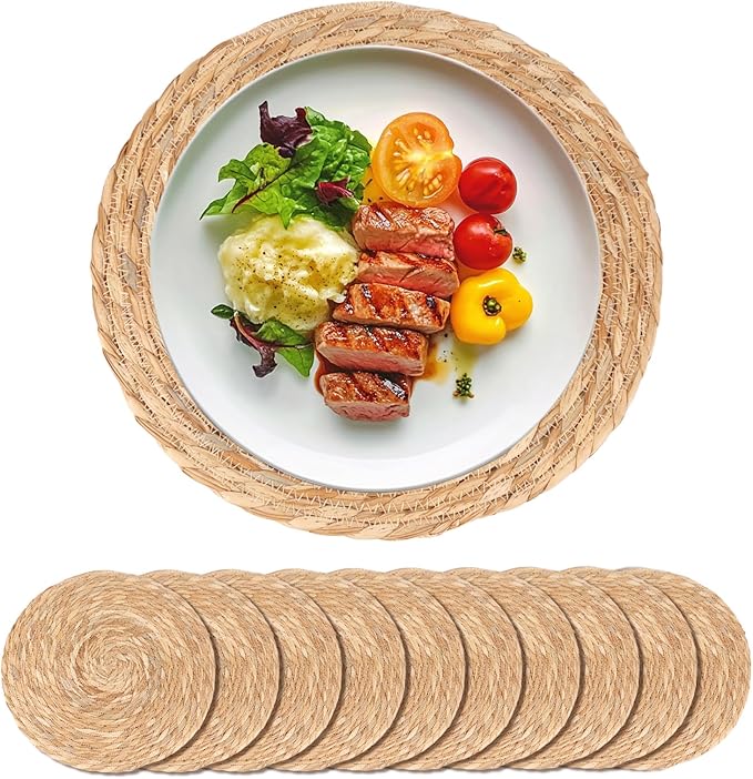 Round Woven Placemats Set of 10-13 Inch Natural Water Hyacinth Place Mats for Dining Table, Boho Farmhouse Kitchen Table Decor, Rustic Braided Table Mats for Daily Use & Holiday Table Setting
