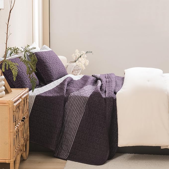 Litanika California King Quilt Set Purple and Grey - Cal King Oversized Stripe Comforter Bedspreads & Coverlets - Soft Lightweight Quilted Bedding Set for All Season(1 Quilt, 2 Pillowcases)