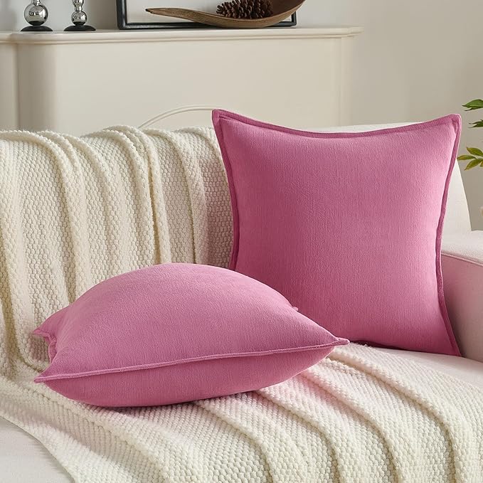 FUTEI Hot Pink Chenille Throw Pillow Covers 22x22 Inch Set of 2,Edges Double-Stitched Cushion Cases,Modern Home Decor for Couch Living Room